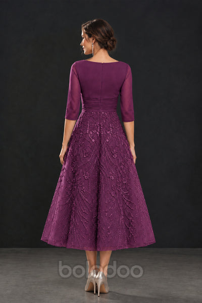 BOLODOO Plum V-Neck Tea-Length Lace Mother of the Bride Dress - Plum | BOLODOO watermark