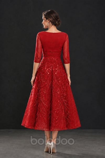 BOLODOO Red V-Neck Tea-Length Lace Mother of the Bride Dress - Red | BOLODOO watermark
