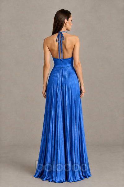 BOLODOO Blue Halter Pleated A-Line Evening Dress - Blue | BOLODOO watermark
