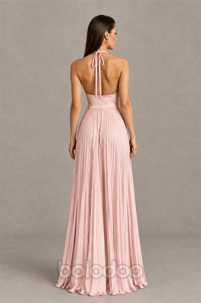 BOLODOO Blush Pink Halter Pleated A-Line Evening Dress - Blush Pink | BOLODOO watermark