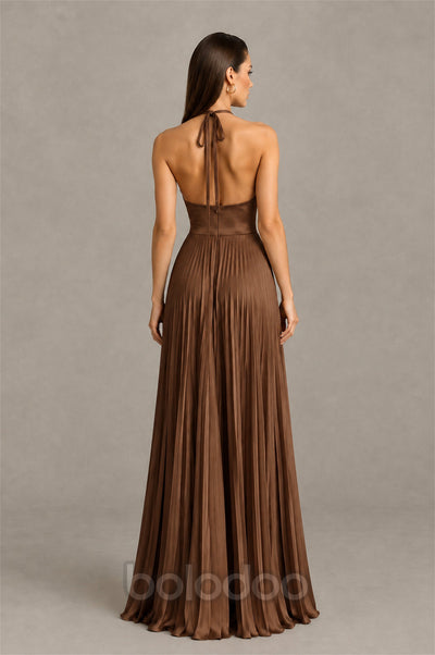 BOLODOO Brown Halter Pleated A-Line Evening Dress - Brown | BOLODOO watermark