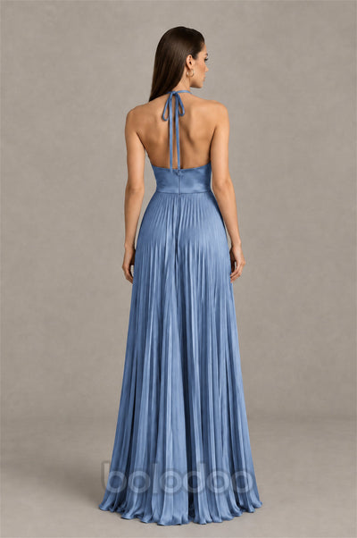 BOLODOO Dusty Blue Halter Pleated A-Line Evening Dress - Dusty Blue | BOLODOO watermark