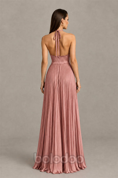 BOLODOO Dusty Rose Halter Pleated A-Line Evening Dress - Dusty Rose | BOLODOO watermark