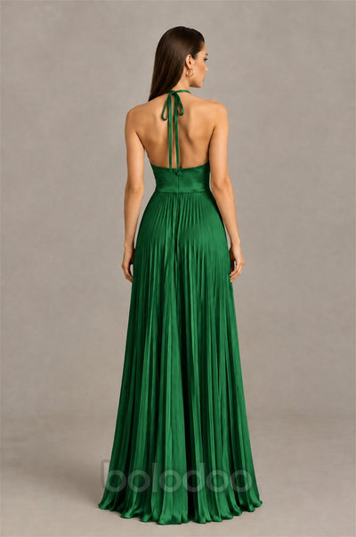 BOLODOO Emerald Green Halter Pleated A-Line Evening Dress - Emerald Green | BOLODOO watermark