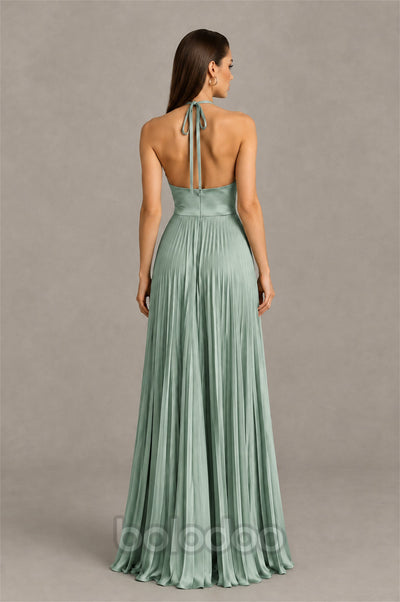 BOLODOO Eucalyptus Halter Pleated A-Line Evening Dress - Eucalyptus | BOLODOO watermark