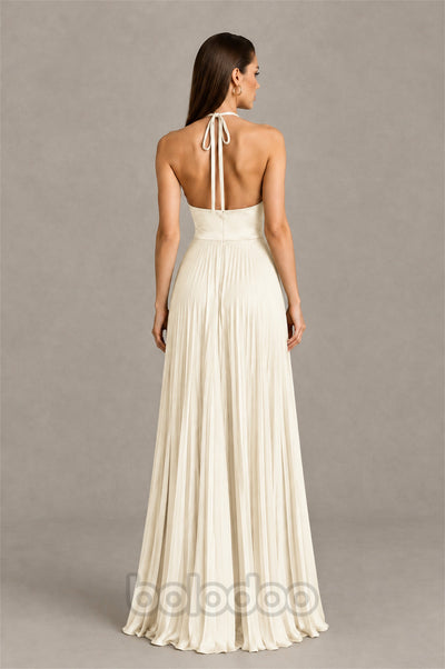 BOLODOO Ivory Halter Pleated A-Line Evening Dress - Ivory | BOLODOO watermark