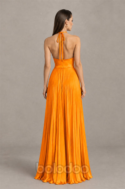 BOLODOO Orange Halter Pleated A-Line Evening Dress - Orange - Orange (2) | BOLODOO watermark