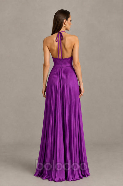BOLODOO Purple Halter Pleated A-Line Evening Dress - Purple - Purple (2) | BOLODOO watermark