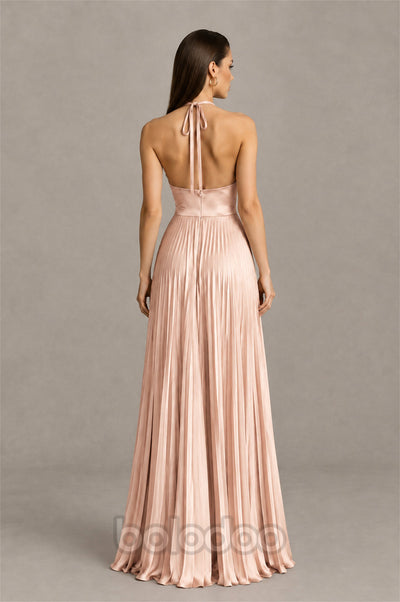 BOLODOO Rose Gold Halter Pleated A-Line Evening Dress - Rose Gold - Rose Gold (2) | BOLODOO watermark