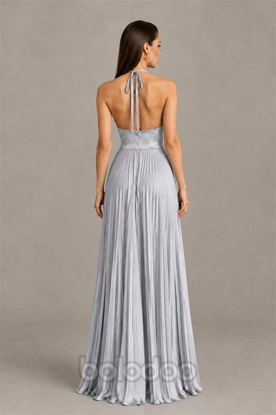 BOLODOO Silver Halter Pleated A-Line Evening Dress - Silver - Silver (2) | BOLODOO watermark