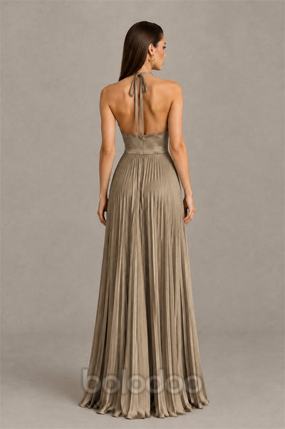 BOLODOO Taupe Halter Pleated A-Line Evening Dress - Taupe - Taupe (2) | BOLODOO watermark