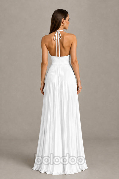 BOLODOO White Halter Pleated A-Line Evening Dress - White - White (2) | BOLODOO watermark