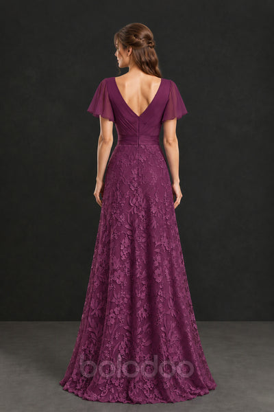 BOLODOO Plum Flutter Sleeve Lace Mother of the Bride Dress - Plum | BOLODOO watermark