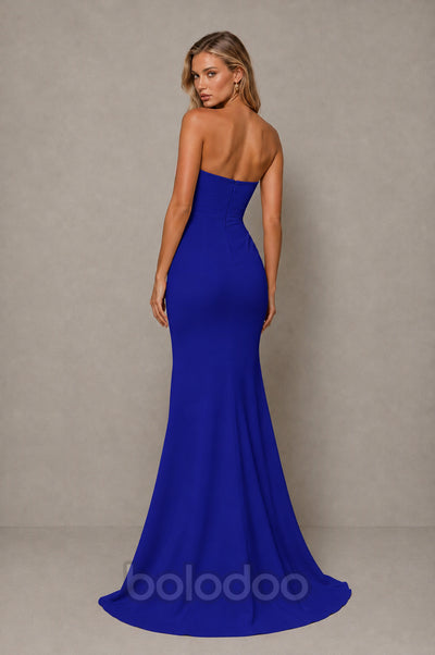 BOLODOO Royal Blue Strapless Sweetheart Ruched Mermaid Gown | Cascade Drape Formal Evening Dress  | BOLODOO watermark