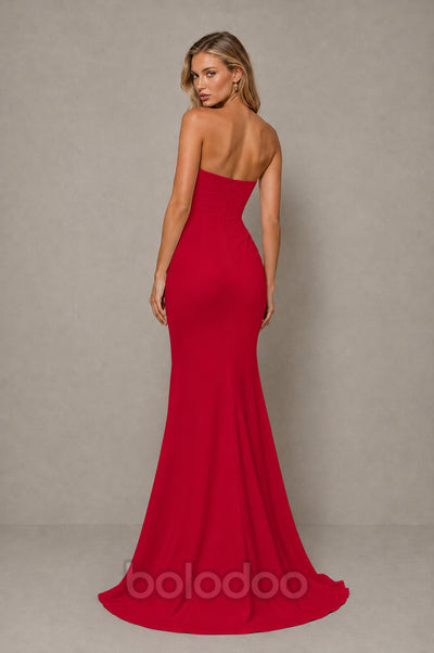 BOLODOO Red Strapless Sweetheart Ruched Mermaid Gown | Cascade Drape Formal Evening Dress  | BOLODOO watermark