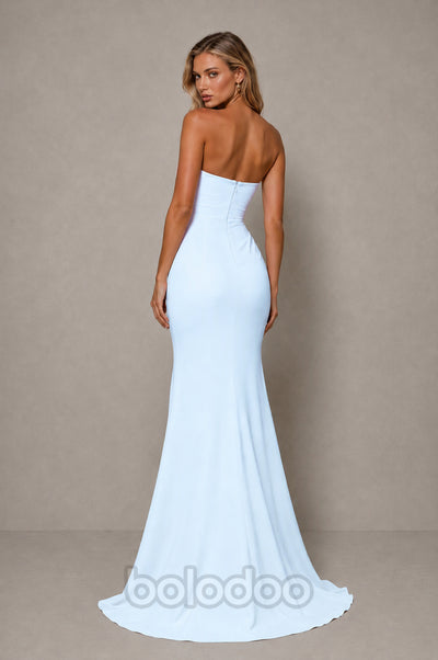 BOLODOO Light Blue Strapless Sweetheart Ruched Mermaid Gown | Cascade Drape Formal Evening Dress  | BOLODOO watermark