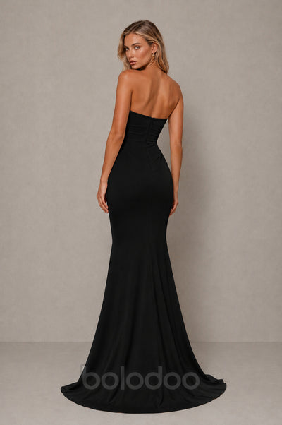 BOLODOO Black Strapless Sweetheart Ruched Mermaid Gown | Cascade Drape Formal Evening Dress  | BOLODOO watermark