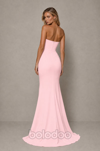 BOLODOO Blush Pink Strapless Sweetheart Ruched Mermaid Gown | Cascade Drape Formal Evening Dress  | BOLODOO watermark