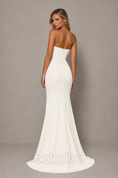 BOLODOO Ivory Strapless Sweetheart Ruched Mermaid Gown | Cascade Drape Formal Evening Dress  | BOLODOO watermark