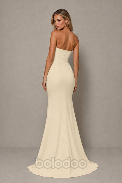 BOLODOO Champagne Strapless Sweetheart Ruched Mermaid Gown | Cascade Drape Formal Evening Dress  | BOLODOO watermark