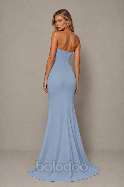 BOLODOO Dusty Blue Strapless Sweetheart Ruched Mermaid Gown | Cascade Drape Formal Evening Dress  | BOLODOO watermark