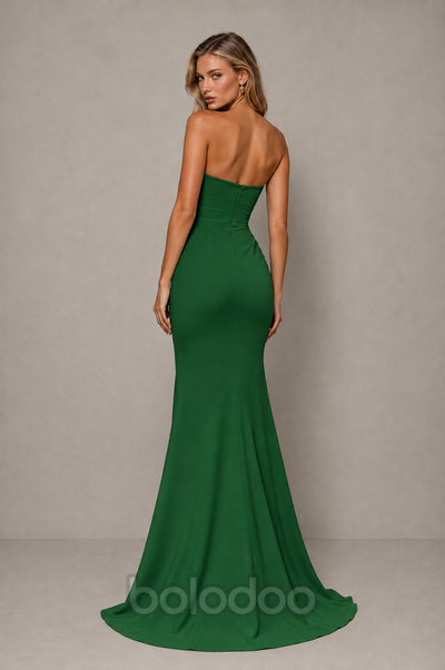 BOLODOO Emerald Green Strapless Sweetheart Ruched Mermaid Gown | Cascade Drape Formal Evening Dress  | BOLODOO watermark