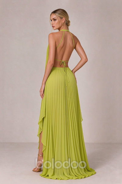 BOLODOO Chartreuse Halter Neck Pleated Chiffon Maxi Dress with Side Slit  | BOLODOO watermark