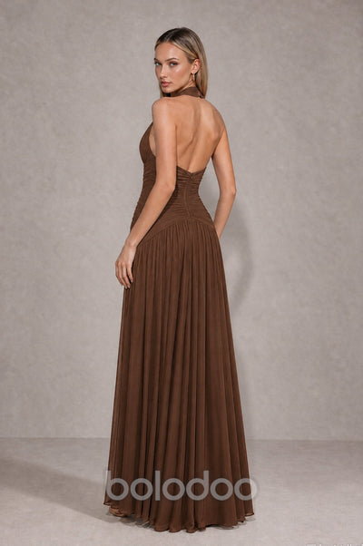 BOLODOO Brown Chiffon Halter Deep V-Neck Ruched A-Line Backless Maxi Dress with Train  | BOLODOO watermark