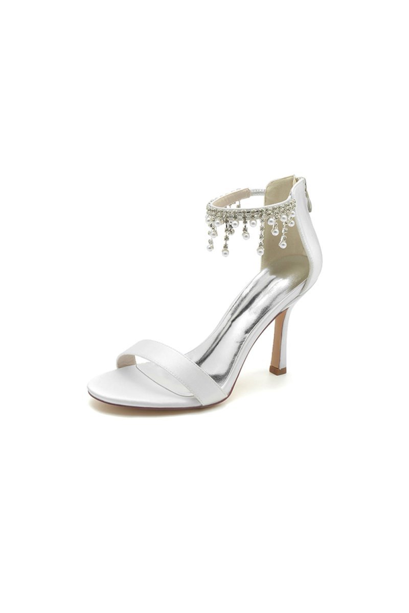 Glamorous White Leather High Heels with Silver Chain Accent - BOLODOO