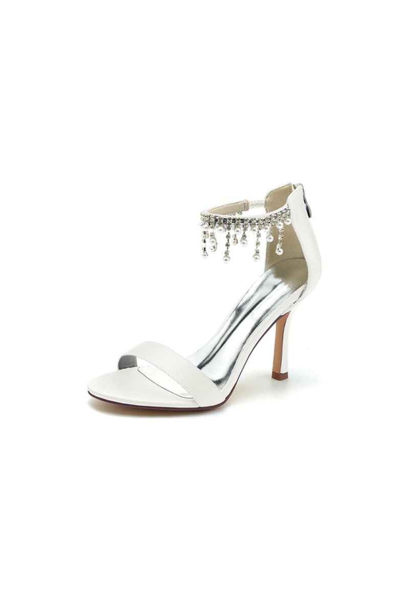 Glamorous White Leather High Heels with Silver Chain Accent - BOLODOO