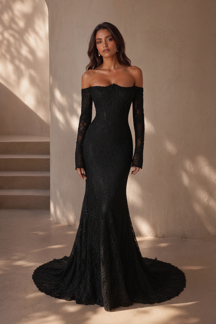 BOLODOO Black Lace Mermaid Gown - Front
