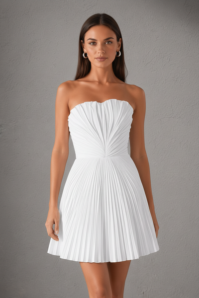 BOLODOO White Strapless Sweetheart Pleated Corset Mini Dress - Half Body Shot