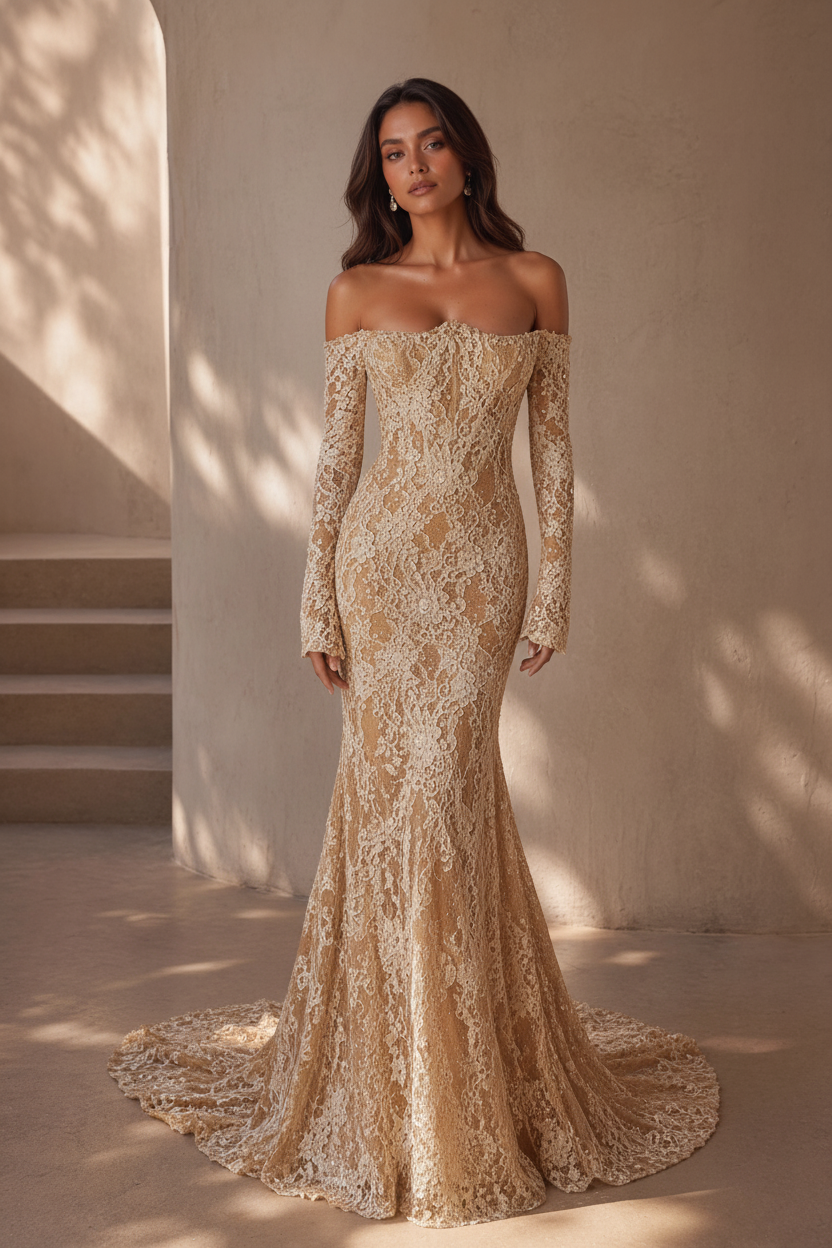 BOLODOO Champagne Lace Mermaid Wedding Gown - Front