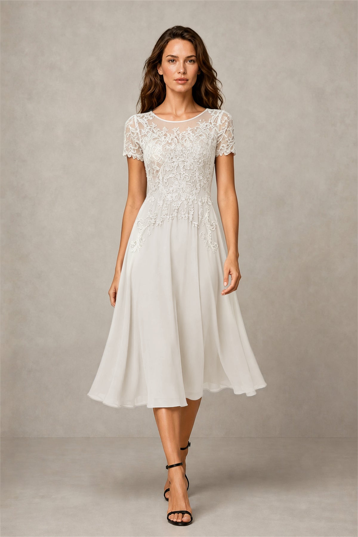 BOLODOO Steel ivory Beaded Lace Illusion Bodice Chiffon Tea-Length Dress | Mother of the Bride & Cocktail Party - ivory