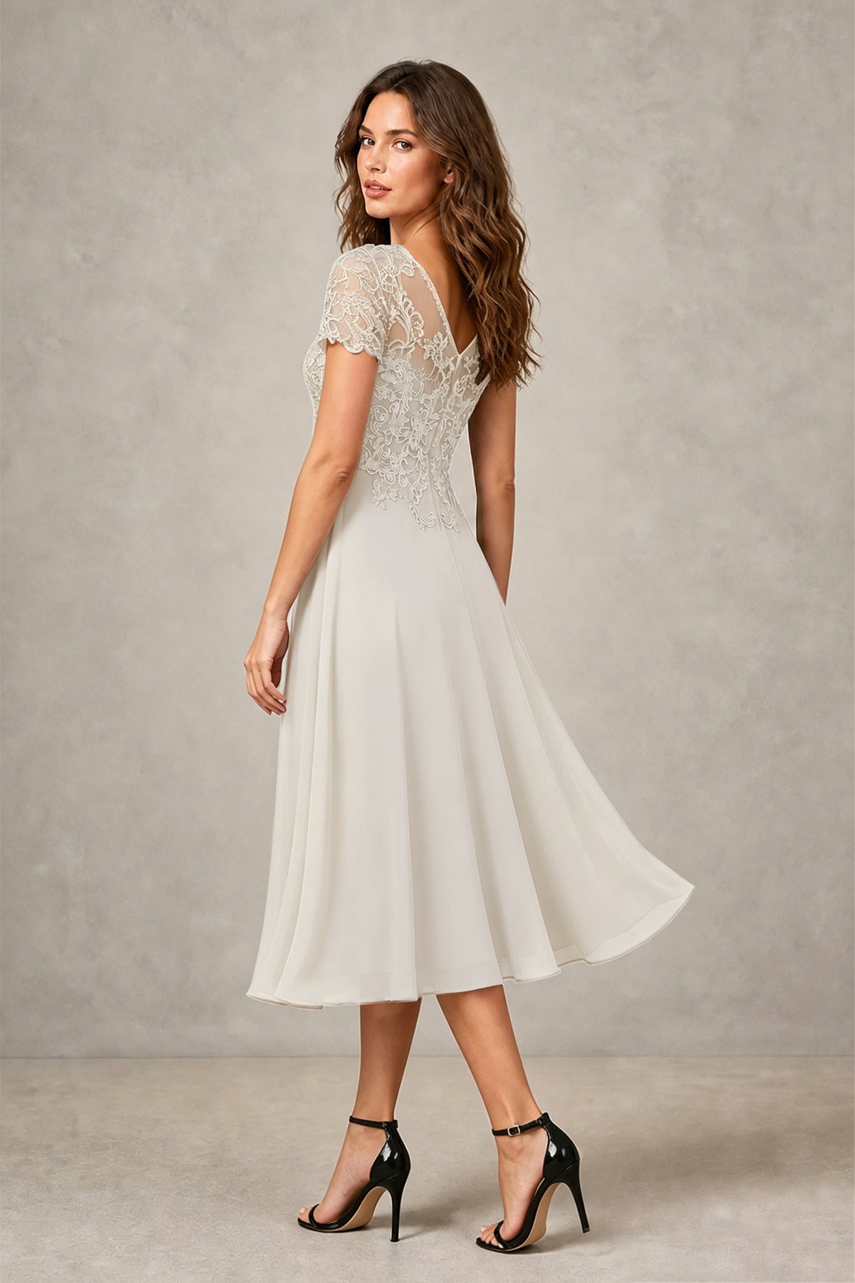 BOLODOO Steel ivory Beaded Lace Illusion Bodice Chiffon Tea-Length Dress | Mother of the Bride & Cocktail Party - ivory