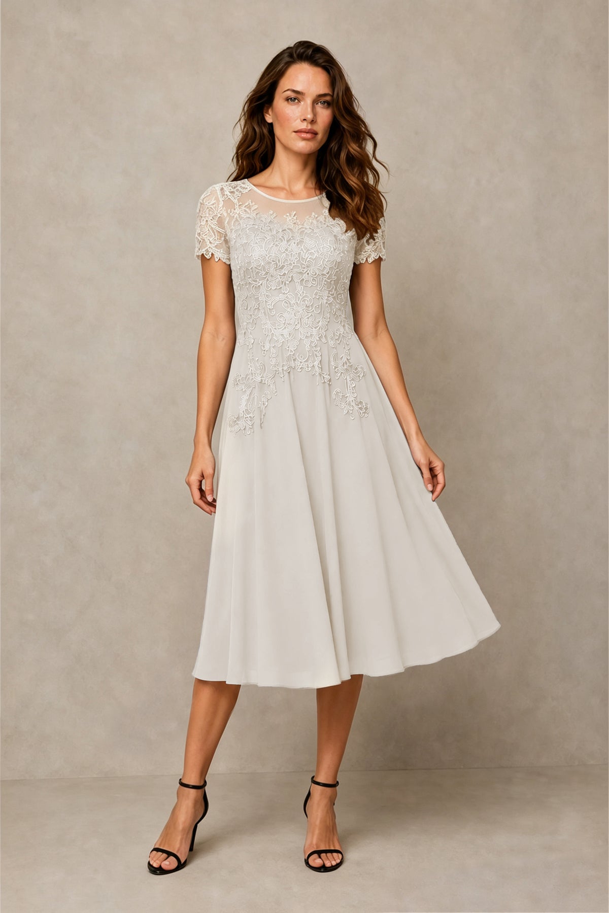 BOLODOO Steel ivory Beaded Lace Illusion Bodice Chiffon Tea-Length Dress | Mother of the Bride & Cocktail Party - ivory