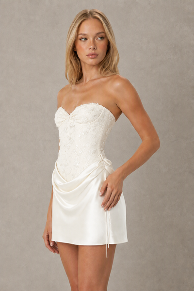 BOLODOO ivory Lace Corset Strapless Mini Dress with Satin Ruched Skirt & Lace-Up Back - ivory