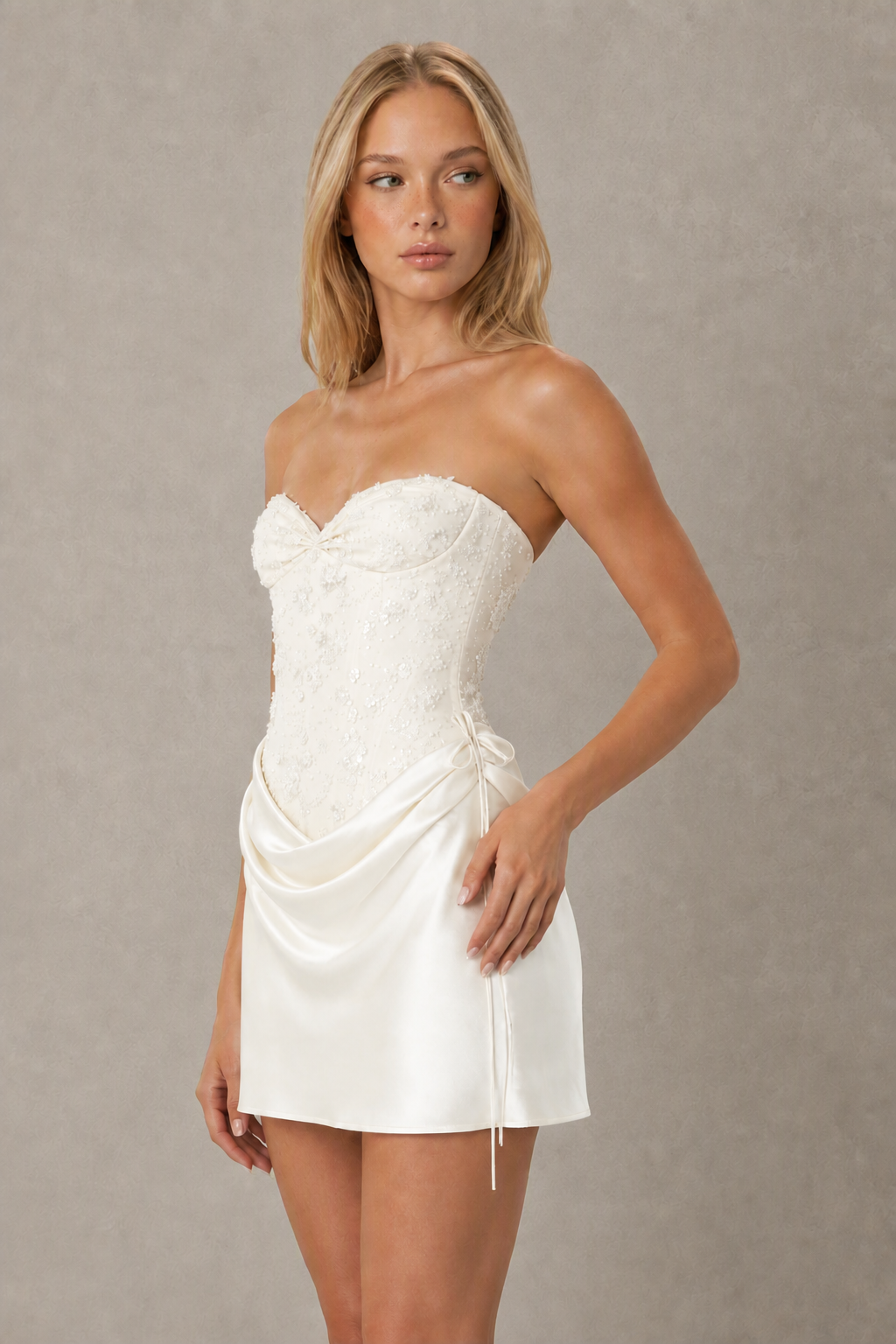 BOLODOO ivory Lace Corset Strapless Mini Dress with Satin Ruched Skirt & Lace-Up Back - ivory