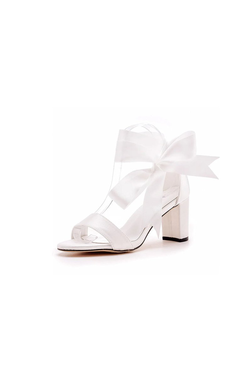 Ivory Satin Tied Open Toe Ankle Strap Chunky Heel Sandals - BOLODOO