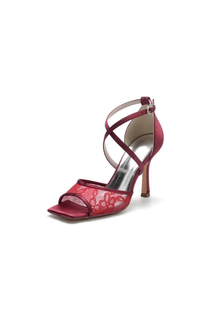 Lace Square Open Toe Cross Strap Chunky Heels - BOLODOO