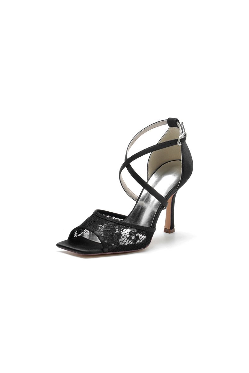 Lace Square Open Toe Cross Strap Chunky Heels - BOLODOO