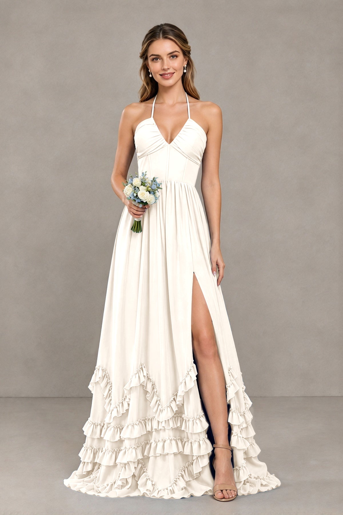 BOLODOO lvory Halter Ruffle Hem A-Line Bridesmaid Dress with High Slit - lvory - lvory(1)
