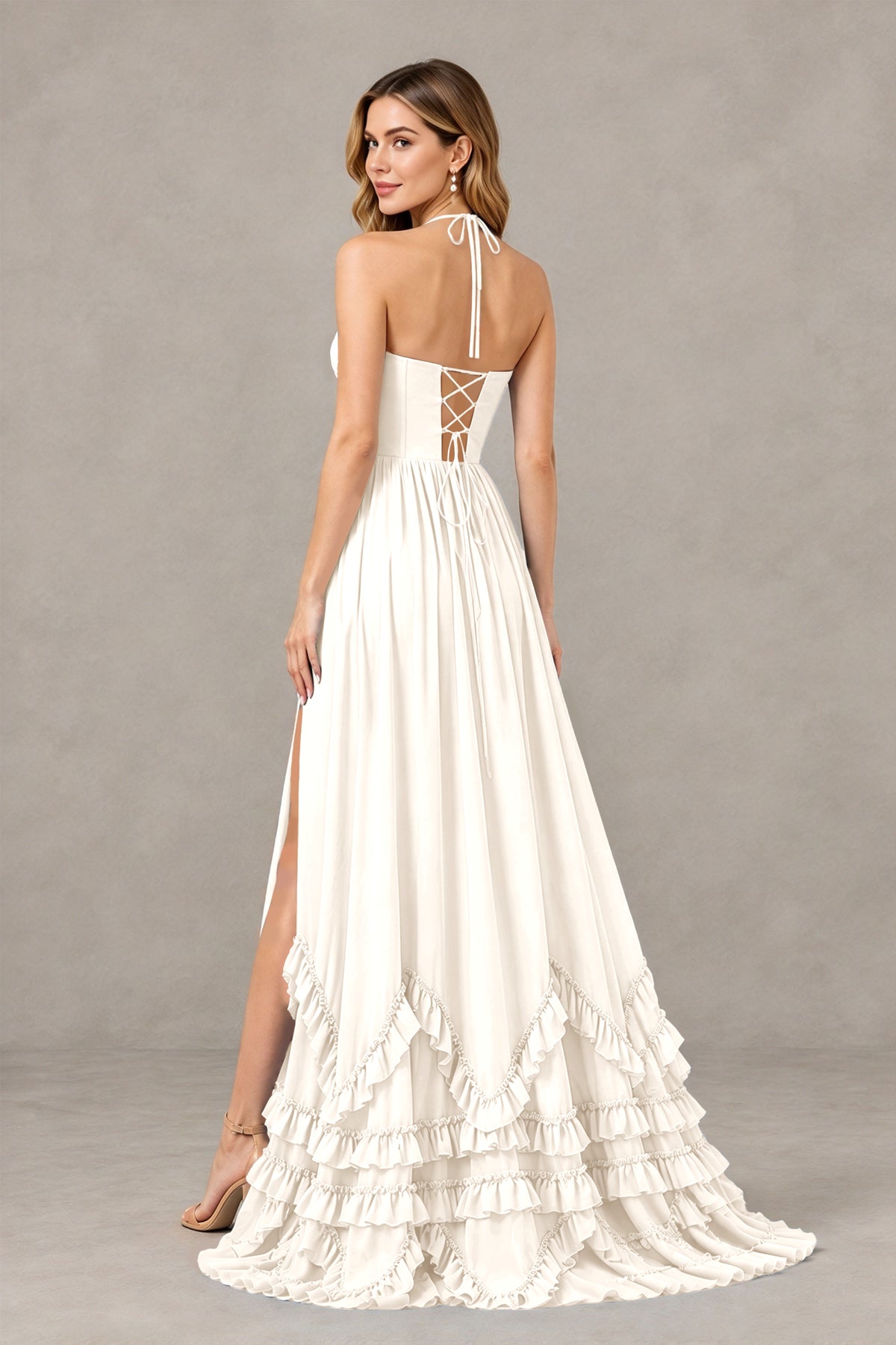 BOLODOO lvory Halter Ruffle Hem A-Line Bridesmaid Dress with High Slit - lvory - lvory(2)