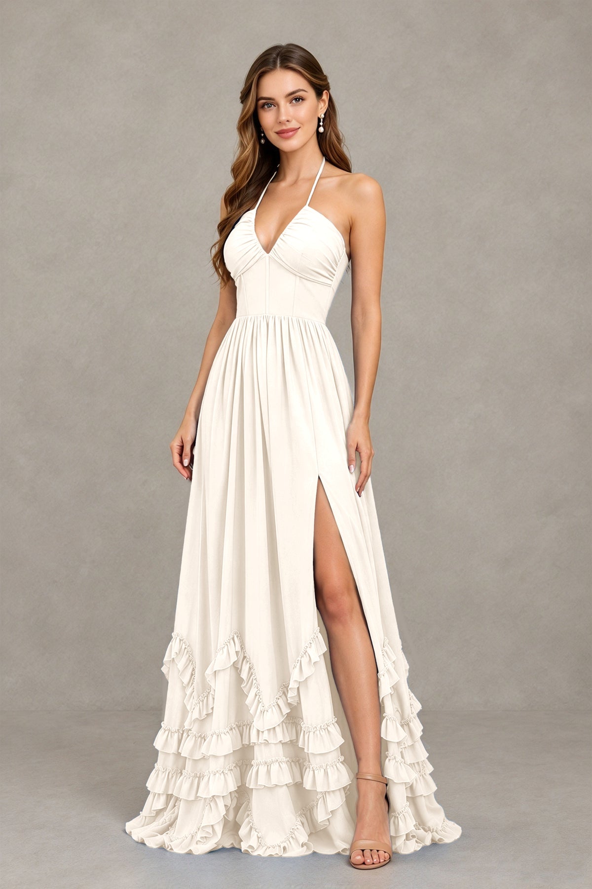 BOLODOO lvory Halter Ruffle Hem A-Line Bridesmaid Dress with High Slit - lvory - lvory(3)
