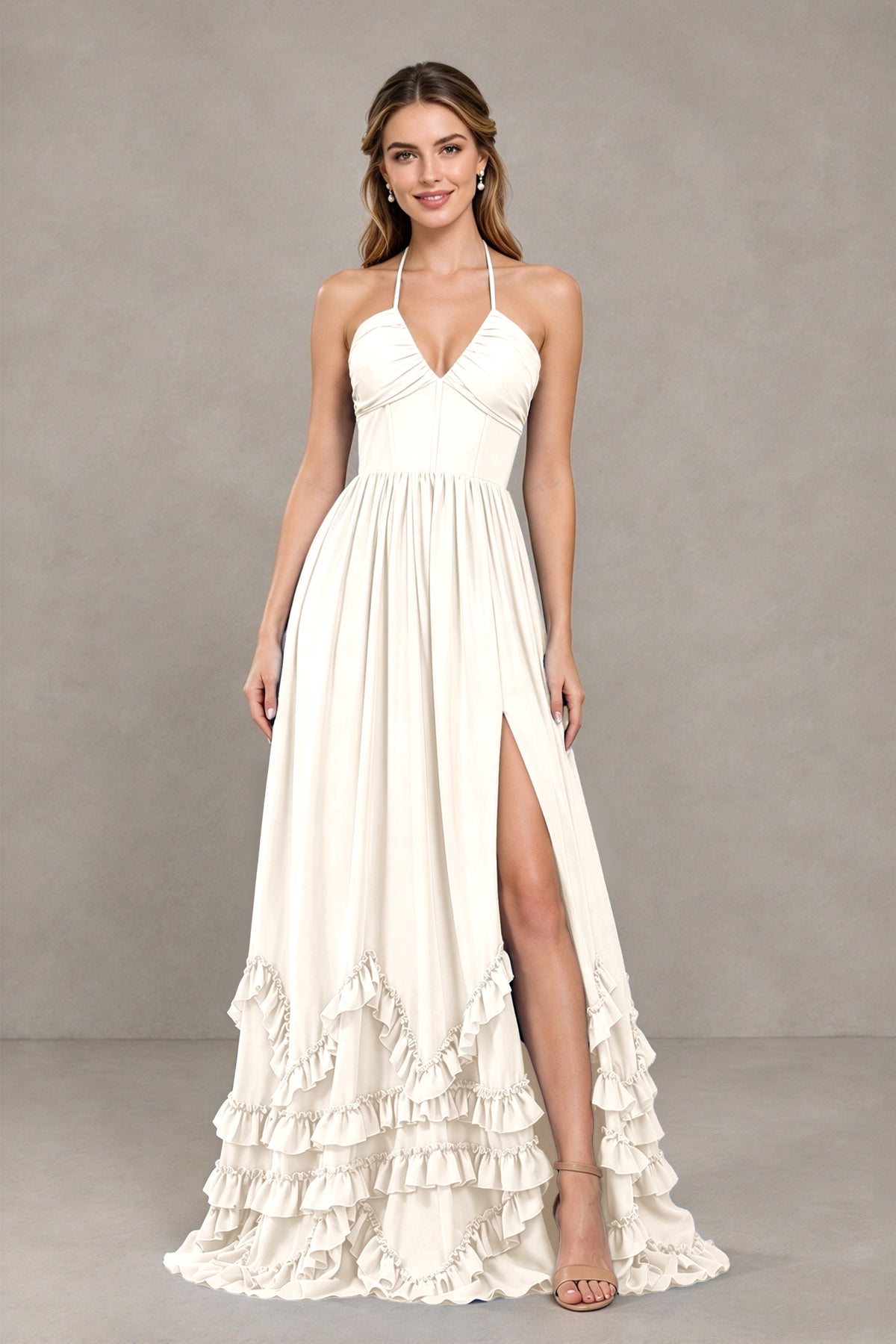 BOLODOO lvory Halter Ruffle Hem A-Line Bridesmaid Dress with High Slit - lvory - lvory(4)