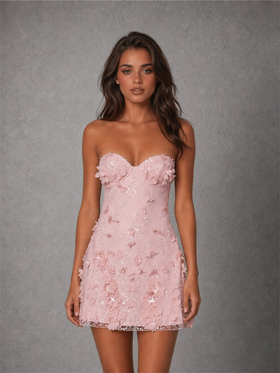 BOLODOO Pink 3D Floral Sequin Strapless Mini Dress | Sweetheart Backless Corset Party Dress Pink