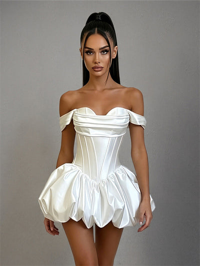 BOLODOO White Off-Shoulder Satin Corset Bubble Mini Dress