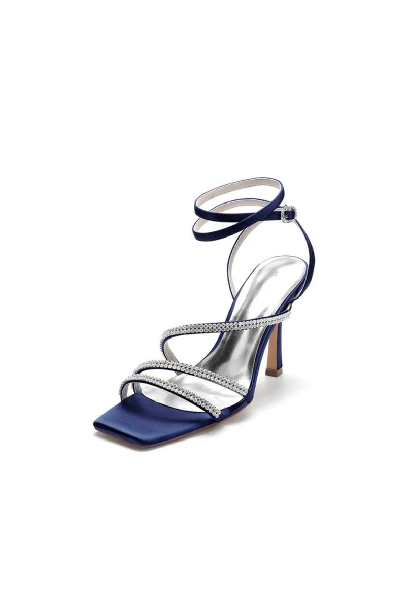 Multi Crystal Straps Square Open Toe Chunky Heels - BOLODOO