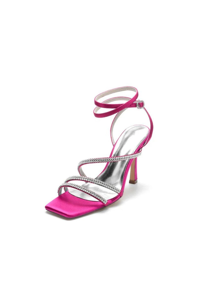Multi Crystal Straps Square Open Toe Chunky Heels - BOLODOO