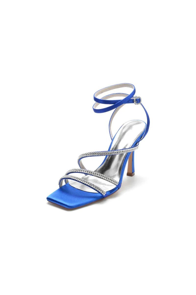 Multi Crystal Straps Square Open Toe Chunky Heels - BOLODOO